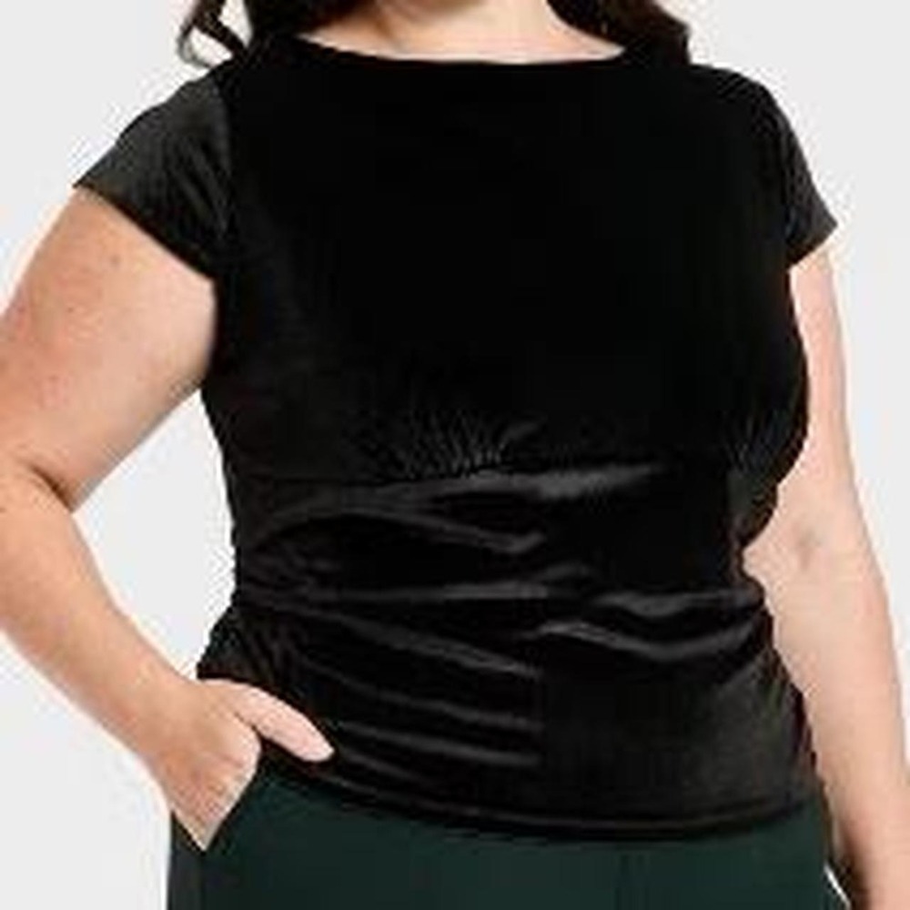 A New Day Women's Black Velour Ruched Cap Sleeve T-Shirt